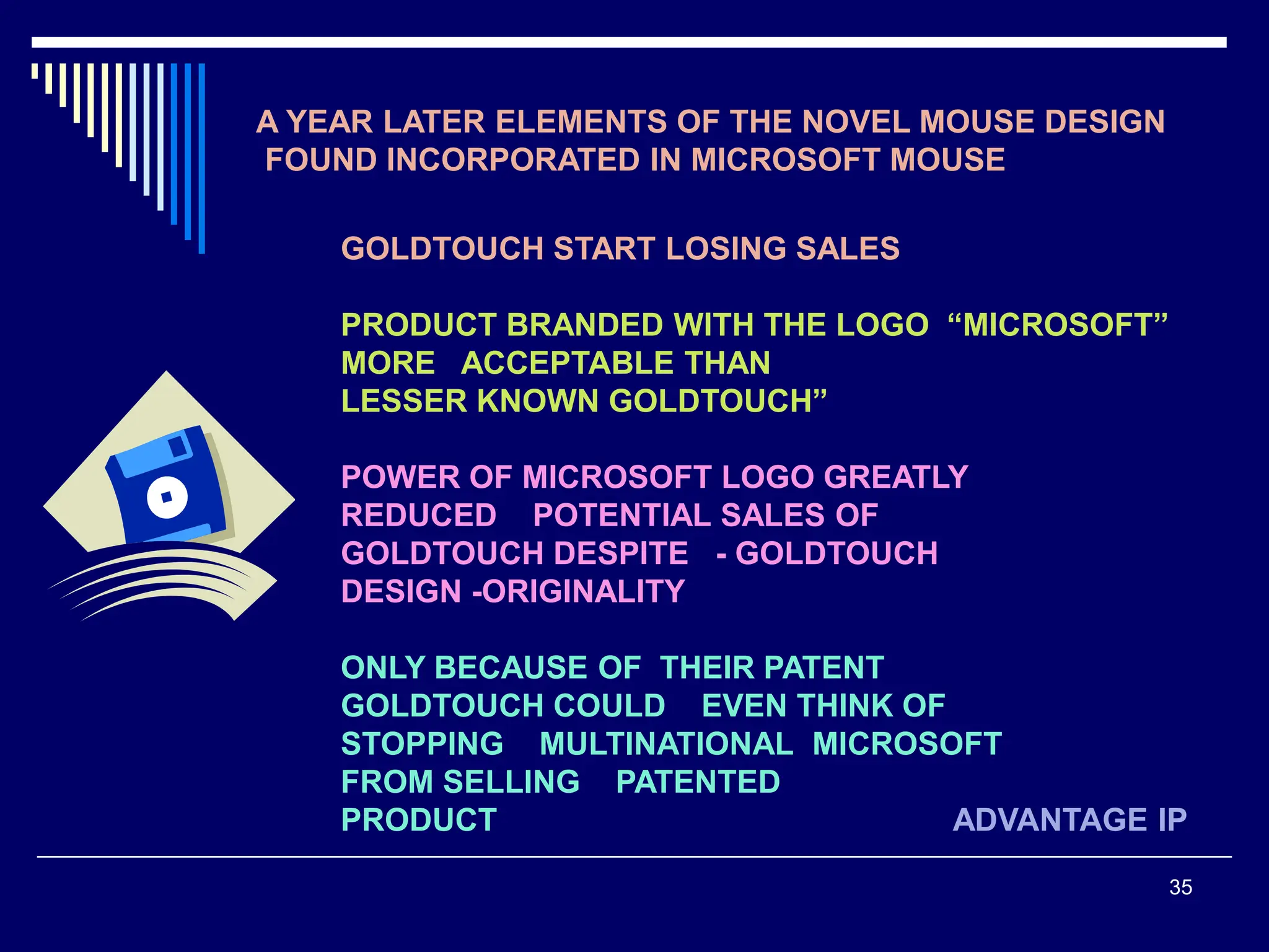 35
A YEAR LATER ELEMENTS OF THE NOVEL MOUSE DESIGN
FOUND INCORPORATED IN MICROSOFT MOUSE
GOLDTOUCH START LOSING SALES
PRODUCT BRANDED WITH THE LOGO “MICROSOFT”
MORE ACCEPTABLE THAN
LESSER KNOWN GOLDTOUCH”
POWER OF MICROSOFT LOGO GREATLY
REDUCED POTENTIAL SALES OF
GOLDTOUCH DESPITE - GOLDTOUCH
DESIGN -ORIGINALITY
ONLY BECAUSE OF THEIR PATENT
GOLDTOUCH COULD EVEN THINK OF
STOPPING MULTINATIONAL MICROSOFT
FROM SELLING PATENTED
PRODUCT ADVANTAGE IP
 