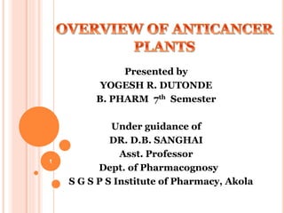 Presented by
YOGESH R. DUTONDE
B. PHARM 7th Semester
Under guidance of
DR. D.B. SANGHAI
Asst. Professor
Dept. of Pharmacognosy
S G S P S Institute of Pharmacy, Akola
1
 