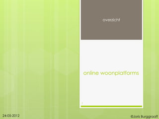 overzicht




                 online woonplatforms




             1



24-05-2012                         ©Joris Burggraaff
 