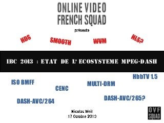 IBC 2013 : ETAT DE l, ECOSYSTEME MPEG-DASH
ISO BMFF
DASH-AVC/264

HbbTV 1.5
CENC

MULTI-DRM
DASH-AVC/265?

 