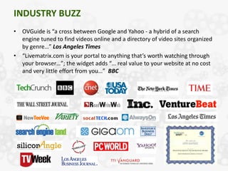 INDUSTRY BUZZ
• OVGuide is “a cross between Google and Yahoo - a hybrid of a search
  engine tuned to find videos online and a directory of video sites organized
  by genre…” Los Angeles Times
• “Livematrix.com is your portal to anything that’s worth watching through
  your browser…”; the widget adds “… real value to your website at no cost
  and very little effort from you…” BBC
 