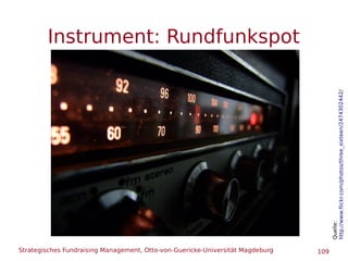 Strategisches Fundraising Management, Otto-von-Guericke-Universität Magdeburg 109
Instrument: Rundfunkspot
Quelle:
http://www.flickr.com/photos/three_sixteen/2474302442/
 