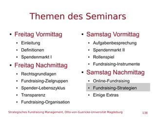 Strategisches Fundraising Management, Otto-von-Guericke-Universität Magdeburg 138
Themen des Seminars
● Freitag Vormittag
...