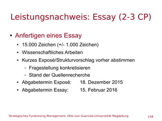 Strategisches Fundraising Management, Otto-von-Guericke-Universtität Magdeburg 158
Leistungsnachweis: Essay (2-3 CP)
● Anf...