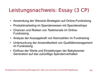 Strategisches Fundraising Management, Otto-von-Guericke-Universtität Magdeburg 162
Leistungsnachweis: Essay (3 CP)
● Anwen...