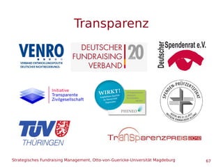 Strategisches Fundraising Management, Otto-von-Guericke-Universität Magdeburg 67
Transparenz
 