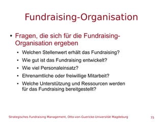 Strategisches Fundraising Management, Otto-von-Guericke-Universität Magdeburg 75
Fundraising-Organisation
● Fragen, die si...