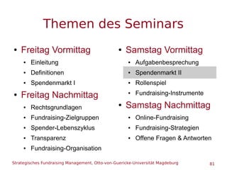 Strategisches Fundraising Management, Otto-von-Guericke-Universität Magdeburg 81
Themen des Seminars
● Freitag Vormittag
●...