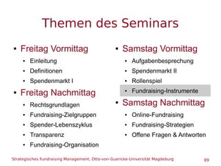 Strategisches Fundraising Management, Otto-von-Guericke-Universität Magdeburg 89
Themen des Seminars
● Freitag Vormittag
●...