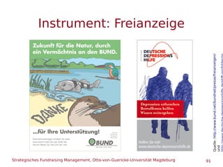 Strategisches Fundraising Management, Otto-von-Guericke-Universität Magdeburg 91
Instrument: Freianzeige
Quelle:http://www.bund.net/bundnet/presse/freianzeigen/
und
 