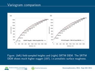 Variogram comparison




Figure: (left) eld-sampled heights and (right) SRTM DEM. The SRTM
DEM shows much higher nugget (197), i.e.unrealistic surface roughness.


                                                Geomorphometry 2011, Sept 8th 2011
 