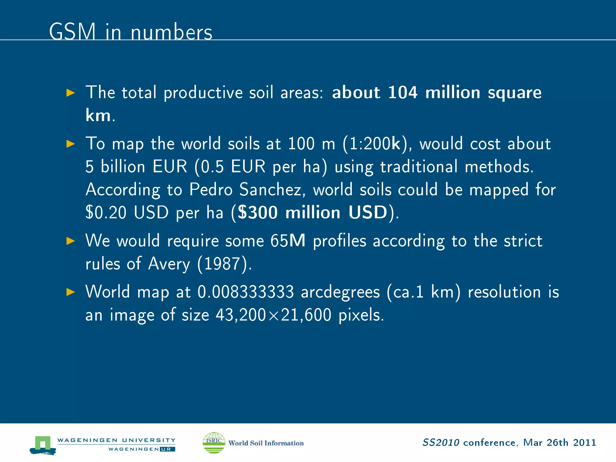 GSM in numbers
   The total productive soil areas: about 104 million square
   km.
   To map the world soils at 100 m (1:200k), would cost about
   5 billion EUR (0.5 EUR per ha) using traditional methods.
   According to Pedro Sanchez, world soils could be mapped for
   $0.20 USD per ha ($300 million USD).
   We would require some 65M proles according to the strict
   rules of Avery (1987).
   World map at 0.008333333 arcdegrees (ca.1 km) resolution is
   an image of size 43,200Ö21,600 pixels.



                                            SS2010 conference, Mar 26th 2011
 