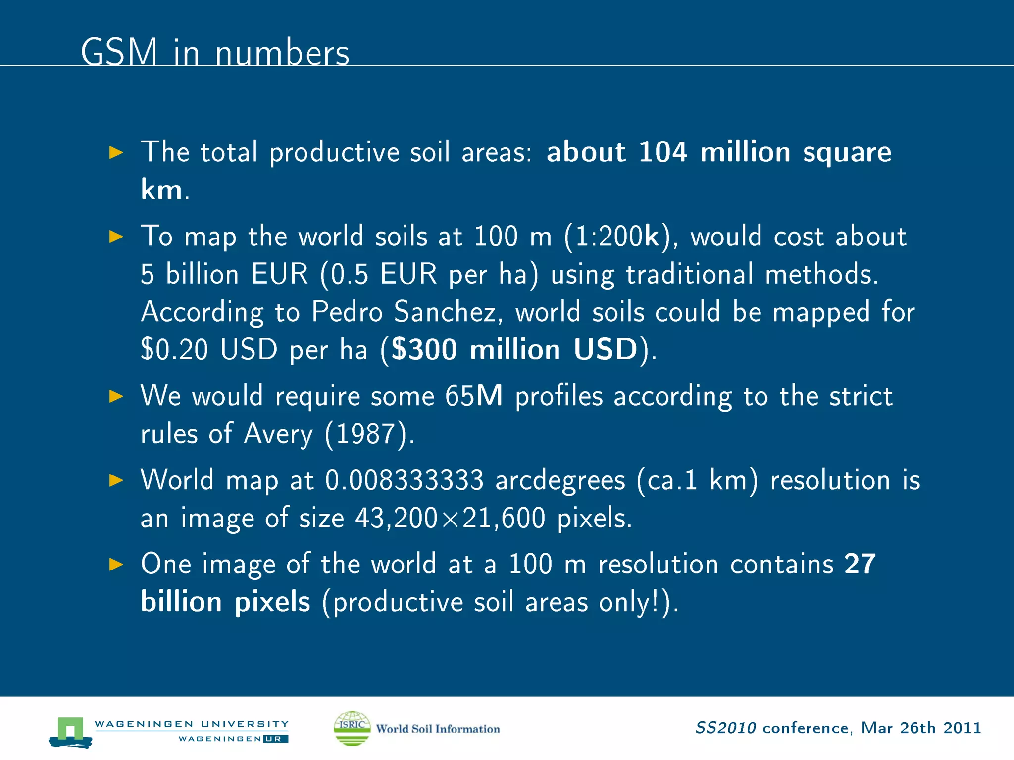 GSM in numbers
   The total productive soil areas: about 104 million square
   km.
   To map the world soils at 100 m (1:200k), would cost about
   5 billion EUR (0.5 EUR per ha) using traditional methods.
   According to Pedro Sanchez, world soils could be mapped for
   $0.20 USD per ha ($300 million USD).
   We would require some 65M proles according to the strict
   rules of Avery (1987).
   World map at 0.008333333 arcdegrees (ca.1 km) resolution is
   an image of size 43,200Ö21,600 pixels.
   One image of the world at a 100 m resolution contains 27
   billion pixels (productive soil areas only!).


                                            SS2010 conference, Mar 26th 2011
 