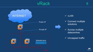 8vRack
INTERNET
vLAN
 vLAN
 Connect multiple
solutions
 Across multiple
datacentres
 Uncapped traffic
Public IP
Private IP
Dedicated server
 