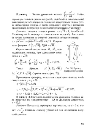 179
Пр и м е р 1. Задано уравнение эллипса
2 2
1
25 64
x y
+ = . Найти
параметры эллипса (длины полуосей, линейный и относительный
эксцентриситеты); построить эллипс по характерным точкам (точ-
ки пересечения эллипса с осями координат, фокусы); проверить
правильность построения по его характеристическому свойству.
Решение: полуоси эллипса равны 25 5a = = , 64 8b = = .
Поскольку a b< , то фокусы эллипса лежат на оси Oy. Расстояние
от начала координат до фокусов (линейный эксцентриситет):
2 2
c b a= − 64 25 39 6,25= − = ≈ . Коорди-
наты фокусов: ( )1 0, 39F , ( )2 0, 39F − .
Определим абсциссы точек 1M , 2M , при-
надлежащих эллипсу, при одинаковых орди-
натах 39y = :
2
39
1
25 64
x
+ = ;
2
25
25 64
x
= ; 1,2
25
3,125
8
x = ± = ± .
Таким образом, ( )1 3,125; 39M ,
( )2 3,125; 39M − . Строим эллипс (рис. 70).
Производим проверку, используя характеристическое свой-
ство эллипса 1 2 2r r b+ = :
1 1 1 3,125r F M= = ;
( ) ( )( )
22
2 2 1 3,125 0 39 39 12,875r F M= = − + − − = ;
1 2 3,125 12,825 2 2 8 16r r b+ = + = = ⋅ = .
Пр и м е р 2. Составить каноническое уравнение эллипса, ес-
ли известны его эксцентриситет – 0,8 и уравнение директрисы
12,5x = .
Решение: Поскольку директриса вертикальна, то a b> и, зна-
чит,
c
e
a
= , Составим систему уравнений для нахождения полу-
осей эллипса:
Рис. 70. Пример
построения эллипса
 