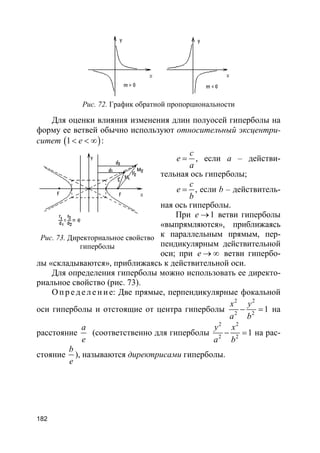 182
Рис. 72. График обратной пропорциональности
Для оценки влияния изменения длин полуосей гиперболы на
форму ее ветвей обычно используют относительный эксцентри-
ситет ( )1 e< < ∞ :
c
e
a
= , если a – действи-
тельная ось гиперболы;
c
e
b
= , если b – действитель-
ная ось гиперболы.
При 1e → ветви гиперболы
«выпрямляются», приближаясь
к параллельным прямым, пер-
пендикулярным действительной
оси; при e → ∞ ветви гипербо-
лы «складываются», приближаясь к действительной оси.
Для определения гиперболы можно использовать ее директо-
риальное свойство (рис. 73).
О пр е д е ле ние: Две прямые, перпендикулярные фокальной
оси гиперболы и отстоящие от центра гиперболы
2 2
2 2
1
x y
a b
− = на
расстояние
a
e
(соответственно для гиперболы
2 2
2 2
1
y x
a b
− = на рас-
стояние
b
e
), называются директрисами гиперболы.
Рис. 73. Директориальное свойство
гиперболы
 