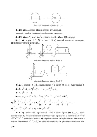 216
Рис. 110. Решение задачи 4.5.27, е
4.5.28. а) параболы; б) гиперболы; в) эллипсы.
Указание: перейти к прямоугольной системе координат.
4.5.29. а) 5ρ = ; б) 2 2
sin 8 cos 16ρ ϕ− ρ ϕ = ; в) ( )4 1 sinρ = − ϕ .
4.6.1. а) см. рис. 112; б) см. рис. 113; в) гиперболические цилиндры;
г) параболические цилиндры.
Рис. 112. Решение задачи 4.6.1, а
Рис. 112. Решение задачи 4.6.1, б
4.6.2. а) центр ( )2; 3; 6− , радиус равен 7; б) центр ( )0; 0; 4 , радиус равен 2.
4.6.3. ( )
22
5 25x y+ − = ; ( )
22
5 4x z+ − = .
4.6.4.
2 2
1x y+ = .
4.6.5. а) 2 2
2y z x+ = ; ( )4 2 2
9x y z= + ; 2 2 2
4y z x+ = ;
б)
( )
2 2 2
4
1
16 9 9
x y z−
+ + = ; в)
2 2 2
1
16 9 9
x y z
− − = ;
2 2 2
1
16 9 9
x y z
− − = − ;
г) ( )( ) ( )
22 2 2 2 2
2 3 16x y z y z− + + + = + .
4.6.6. а) эллипсоиды вращения с осями симметрии , ,OX OZ OY соот-
ветственно; б) однополостные гиперболоиды вращения с осями симметрии
, ,OY OZ OX соответственно; в) двуполостные гиперболоиды вращения с
осями симметрии , ,OX OZ OY соответственно; г) круговые конусы с ося-
 