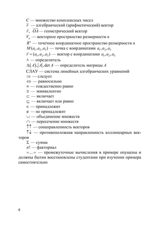 6
C — множество комплексных чисел
r — алгебраический (арифметический) вектор
,r
r
OA
uuur
— геометрический вектор
nV — векторное пространство размерности n
n
R — точечное координатное пространство размерности n
1 2 3( , , )M a a a — точка с координатами 1 2 3, ,a a a
1 2 3( , , )r a a a=
r
— вектор с координатами 1 2 3, ,a a a
∆ — определитель
( ), ,detA A A∆ — определитель матрицы A
СЛАУ — система линейных алгебраических уравнений
⇒ — следует
⇔ — равносильно
≡ — тождественно равно
≅ — эквивалентно
⊂ — включает
⊆ — включает или равно
∈ — принадлежит
∉ — не принадлежит
∪ — объединение множеств
∩ — пересечение множеств
↑↑ — сонаправленность векторов
↑↓ — противоположная направленность коллинеарных век-
торов
Σ — сумма
!n — факториал
...= = — промежуточные вычисления в примере опущены и
должны бытии восстановлены студентами при изучении примера
самостоятельно
 