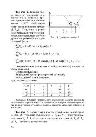 100
За да ч а 2. Тяжелая бал-
ка весом P удерживается в
равновесии с помощью тро-
сов, прикрепленных к балке в
точках , ,A B C . Необходимо
найти силы натяжения тросов
1 2 3, ,R R R . Пояснения к реше-
нию: методами теоретической
механики составляем систему
уравнений равновесия в коор-
динатной форме:
2 3
1
0: cos cos 0;
n
kx
k
F R R
=
= − α + β =∑
1 2 3
1
0: sin sin 0;
n
ky
k
F R R R P
=
= + α + β − =∑
( ) ( ) ( )1 2 1 2 3 1 2 30: sin sin 0km F Pl R l l R l l l= − + α + + β + + =∑ .
Силы натяжения тросов можно найти, решив полученную си-
стему уравнений:
а) методом Крамера;
б) методом Гаусса с расширенной матрицей;
в) методом обратной матрицы;
при следующих данных:
Р, кН 1l 2l 3l α β
60 4 2 2 60 30
100 5 3 3 30 45
200 3 3 0 45 60
Внимание! Проверку правильности вычислений следует проводить
подстановкой корней в исходные уравнения. Если корни найдены верно, то
при их подстановке в уравнения системы каждое из уравнений обратится в
тождество.
За да ч а 3. Найти токи в электрической цепи, приведенной
на рис. 20. Условные обозначения: 1 2 3 4, , ,E E E E – электродвижу-
щие силы, 1 2 3, ,I II – контурные электрические токи, 1 2 3 4, , , ,R R R R
5 6,R R – активные сопротивления.
Рис. 19. Прикладная задача 2
 