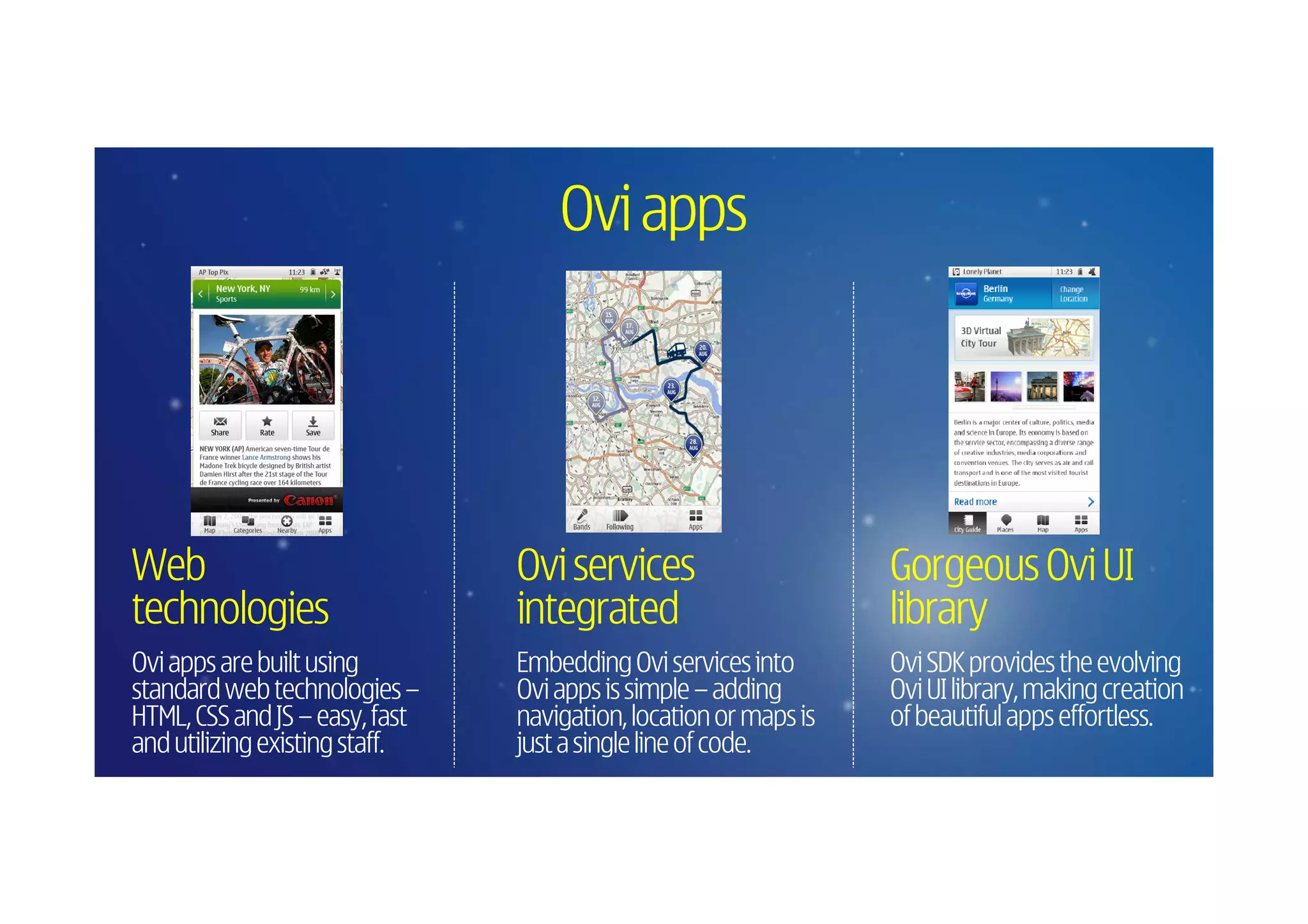 Ovi apps




Web                             Ovi services                      Gorgeous Ovi UI
technologies                    integrated                        library
Ovi apps are built using        Embedding Ovi services into       Ovi SDK provides the evolving
standard web technologies –     Ovi apps is simple – adding       Ovi UI library, making creation
HTML, CSS and JS – easy, fast   navigation, location or maps is   of beautiful apps effortless.
and utilizing existing staff.   just a single line of code.
 