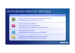 Ovi and Operators today (Sept. 2009 status)
               In execution or contractual negotiations with more than 25 leading operators

           11 of 12 top operators: Cooperation to jointly drive sell-out agreed or in execution
           Direct billing integrations in progress/completed in 14 cases


           20 operators now offer Comes With Music
           Drives data usage and increased data plan adoption
           Comes With Music renewal – well aligned with operator business models

           Publicly announced partnership (AT&T)
           Multiple additional cases in progress. 27 operators with mobile billing


           Messaging service now available in >40 countries. Agreements with close
           to 20 operators. More than 50 deployments for b-2-b email (i.e. MfE)
 