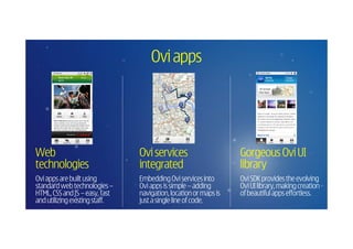 Ovi apps




Web                             Ovi services                      Gorgeous Ovi UI
technologies                    integrated                        library
Ovi apps are built using        Embedding Ovi services into       Ovi SDK provides the evolving
standard web technologies –     Ovi apps is simple – adding       Ovi UI library, making creation
HTML, CSS and JS – easy, fast   navigation, location or maps is   of beautiful apps effortless.
and utilizing existing staff.   just a single line of code.
 