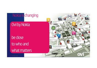 Nokia is changing

    Ovi by Nokia


    be close
    to who and
    what matters
9   © 2008 Nokia
 