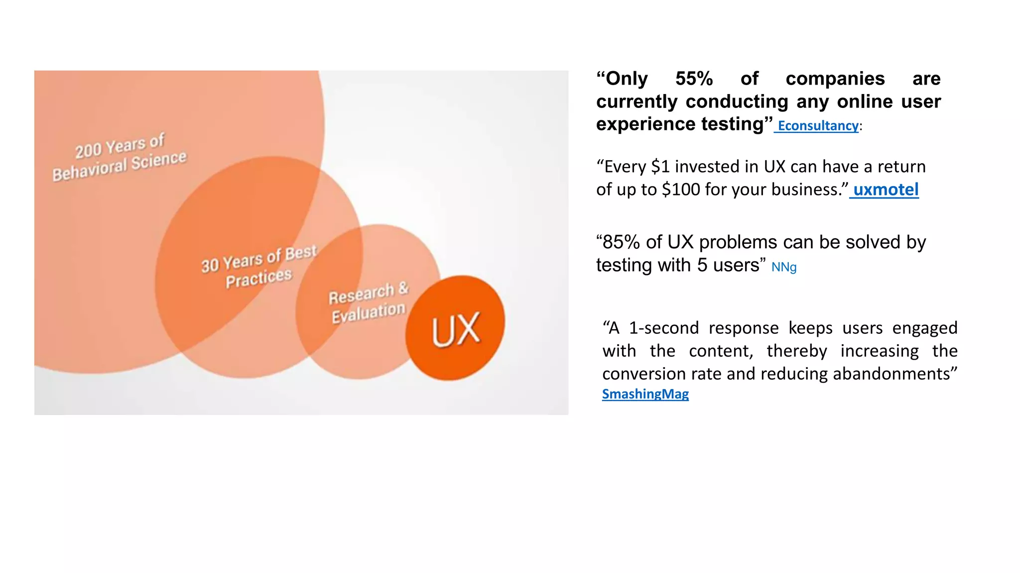 “Only 55% of companies are
currently conducting any online user
experience testing” Econsultancy:
“Every $1 invested in UX can have a return
of up to $100 for your business.” uxmotel
“85% of UX problems can be solved by
testing with 5 users” NNg
“A 1-second response keeps users engaged
with the content, thereby increasing the
conversion rate and reducing abandonments”
SmashingMag
 