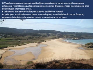O Vicedo conta cunha costa de cantís altos e recortados e varios seos, máis ou menos
extensos e recollidos; naqueles polos que saen ao mar diferentes regos e acumúlase a area
que da lugar a fermosas praias.
É unha costa dun enorme valor paisaxístico, xeolóxico e natural.
As principais actividades son a pesca e o marisqueo, as actividades do sector forestal,
pequenas industrias relacionadas co mar e a madeira, e os servizos.
 