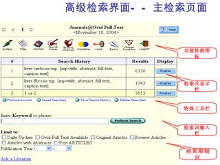 高级检索界面— — 主检索页面


            功能转换图
              标




            检索式显示
              栏


            特殊工具栏


            检索词输入
              栏


            结果限制
              区
 