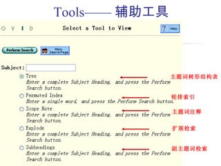 Tools—— 辅助工具



               主题词树形结构表


               轮排索引

               主题词注释


               扩展检索


               副主题词检索
 