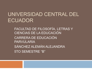 UNIVERSIDAD CENTRAL DEL
ECUADOR
FACULTAD DE FILOSOFÍA, LETRAS Y
CIENCIAS DE LA EDUCACIÓN
CARRERA DE EDUCACIÓN
PARVULARIA
SÁNCHEZ ALEMÁN ALEJANDRA
5TO SEMESTRE “B”

 