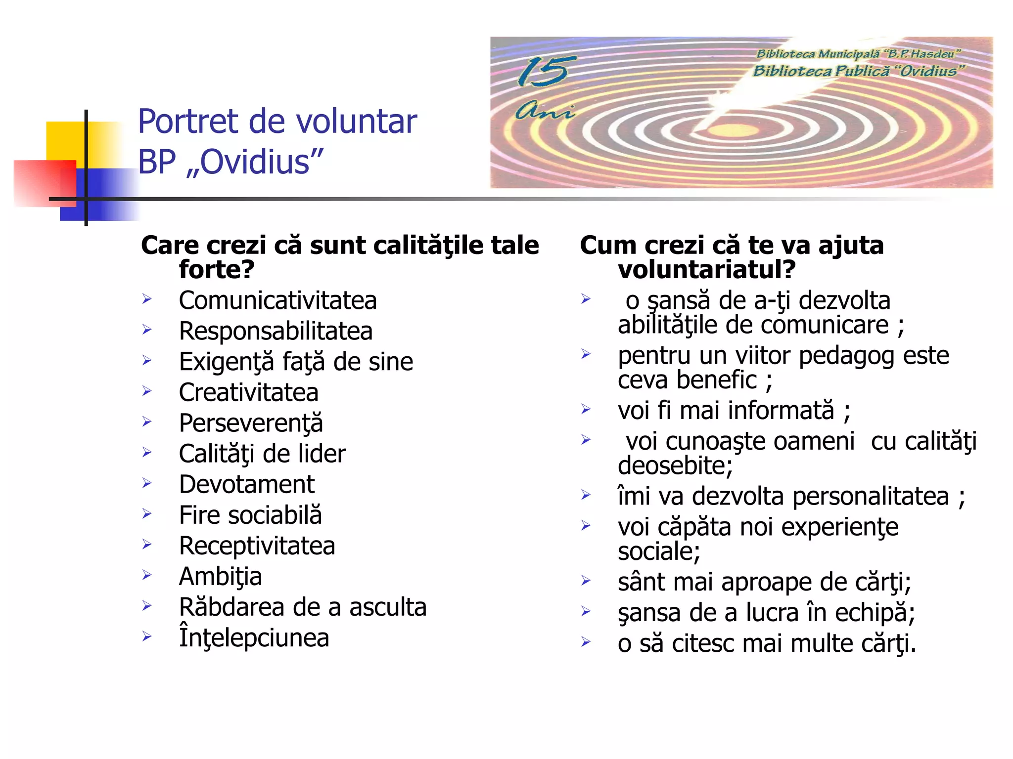 Portret de voluntar  BP „Ovidius” Care crezi că sunt calităţile tale forte?   Comunicativitatea Responsabilitatea Exigenţă faţă de sine Creativitatea Perseverenţă Calităţi de lider Devotament Fire sociabilă Receptivitatea Ambiţia Răbdarea de a asculta Înţelepciunea Cum crezi că te va ajuta voluntariatul?   o şansă de a-ţi dezvolta abilităţile de comunicare ;  pentru un viitor pedagog este ceva benefic ; voi fi mai informată ; voi cunoaşte oameni  cu calităţi deosebite; îmi va dezvolta personalitatea ; voi căpăta noi experienţe sociale;  sânt mai aproape de cărţi; şansa de a lucra în echipă;  o să citesc mai multe cărţi. 