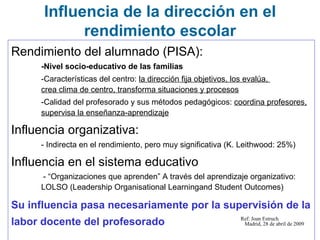Influencia de la dirección en el rendimiento escolar <ul><li>Rendimiento del alumnado (PISA): </li></ul><ul><ul><li>-Nivel...