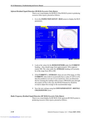 OV-II Maintenance, Troubleshooting and Service Manual
2-18 Industrial Dynamics Company, Ltd. © Form 42600 (10/03)
Infrared Residual Liquid Detection (IR RLD) Excessive False Rejects
There is no visual display for IR RLD. If the IR RLD system is producing
excessive false rejects, proceed as follows:
1. Go to the INSPECTION SETUP > RLD screen to display the RLD
parameters.
2. Look at the values for the IR RLD SENSOR under the CURRENT
heading -- they should range from approximately 100 to approxi-
mately 900. The value under the AVERAGE heading will normally
be in the range from 200 to 600.
3. If the CURRENT or AVERAGE values are out of the range, or if the
CURRENT value tends to occasionally have a value of 1,023 or of 0,
then the problem is not one of over-sensitivity. (You can determine
this by watching the readings while at least 1,000 bottles pass through
the system.) If this is the case, the IR RLD Sensitivity should be
revised to adjust the average to the recommended range.
4. Save the new settings using the CONTAINER SETUP > BOTTLE
CHANGEOVER screen
Radio Frequency Residual Liquid Detection (RF RLD) Excessive False Rejects
There is no visual display for RF RLD. If the upstream RF RLD system is
producing excessive false rejects, proceed as follows:
Downloaded from www.Manualslib.com manuals search engine
 