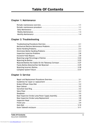 Table Of Contents 1
Document 426000905
Table Of Contents
Chapter 1: Maintenance
Periodic maintenance overview . . . . . . . . . . . . . . . . . . . . . . . . . . . . . . . . . 1-1
Periodic maintenance procedure . . . . . . . . . . . . . . . . . . . . . . . . . . . . . . . . 1-1
Daily Maintenance . . . . . . . . . . . . . . . . . . . . . . . . . . . . . . . . . . . . . . . . . 1-1
Weekly Maintenance. . . . . . . . . . . . . . . . . . . . . . . . . . . . . . . . . . . . . . . . 1-3
Monthly Maintenance . . . . . . . . . . . . . . . . . . . . . . . . . . . . . . . . . . . . . . . 1-4
Chapter 2: Troubleshooting
Troubleshooting Procedures Overview. . . . . . . . . . . . . . . . . . . . . . . . . . . . . 2-1
Mechanical/Routine Maintenance Problems . . . . . . . . . . . . . . . . . . . . . . . . . 2-1
Bottle Handling Problems . . . . . . . . . . . . . . . . . . . . . . . . . . . . . . . . . . . . . 2-3
Omnivision Bottle Handling Problems . . . . . . . . . . . . . . . . . . . . . . . . . . . . . 2-3
Inspection/rejection Problems . . . . . . . . . . . . . . . . . . . . . . . . . . . . . . . . . 2-8
Excessive False Rejects . . . . . . . . . . . . . . . . . . . . . . . . . . . . . . . . . . . . . . 2-8
Rejecting Large Percentage of Bottles . . . . . . . . . . . . . . . . . . . . . . . . . . . 2-24
Rejecting No Bottles . . . . . . . . . . . . . . . . . . . . . . . . . . . . . . . . . . . . . . . 2-25
Rejected Bottles Not Stable On the Takeaway Conveyor. . . . . . . . . . . . . . . . 2-27
Faulty Bottles Detected But Not Rejected . . . . . . . . . . . . . . . . . . . . . . . . . 2-29
Rejecting Incorrect Bottles . . . . . . . . . . . . . . . . . . . . . . . . . . . . . . . . . . . 2-30
Complete System Failure . . . . . . . . . . . . . . . . . . . . . . . . . . . . . . . . . . . . 2-31
Chapter 3: Service
Repair and Replacement Procedures Overview . . . . . . . . . . . . . . . . . . . . . . . 3-1
Guidelines for repair or replacement . . . . . . . . . . . . . . . . . . . . . . . . . . . . . 3-1
Broken Diffuser Glass Disk . . . . . . . . . . . . . . . . . . . . . . . . . . . . . . . . . . . . 3-2
Base Cabinet . . . . . . . . . . . . . . . . . . . . . . . . . . . . . . . . . . . . . . . . . . . . . 3-2
Starwheel Seal Ring. . . . . . . . . . . . . . . . . . . . . . . . . . . . . . . . . . . . . . . . . 3-2
Valve Plate . . . . . . . . . . . . . . . . . . . . . . . . . . . . . . . . . . . . . . . . . . . . . . 3-4
Deadplate . . . . . . . . . . . . . . . . . . . . . . . . . . . . . . . . . . . . . . . . . . . . . . . 3-5
Base Inspection Strobe Lamp Power Supply Assembly. . . . . . . . . . . . . . . . . . . 3-8
Base Inspection Strobe Lamp Replacement . . . . . . . . . . . . . . . . . . . . . . . . . 3-8
Inspection Head . . . . . . . . . . . . . . . . . . . . . . . . . . . . . . . . . . . . . . . . . . . 3-9
Finish Lens . . . . . . . . . . . . . . . . . . . . . . . . . . . . . . . . . . . . . . . . . . . . . . 3-9
Neck Belt . . . . . . . . . . . . . . . . . . . . . . . . . . . . . . . . . . . . . . . . . . . . . . 3-10
Outer Sidewall enclosure . . . . . . . . . . . . . . . . . . . . . . . . . . . . . . . . . . . . 3-11
Downloaded from www.Manualslib.com manuals search engine
 