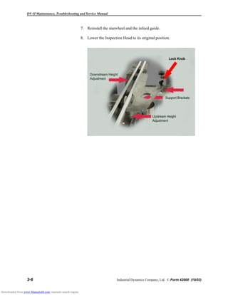OV-II Maintenance, Troubleshooting and Service Manual
3-6 Industrial Dynamics Company, Ltd. © Form 42600 (10/03)
7. Reinstall the starwheel and the infeed guide.
8. Lower the Inspection Head to its original position.
Downloaded from www.Manualslib.com manuals search engine
 