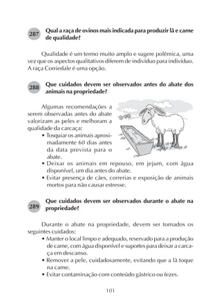 101
Qual a raça de ovinos mais indicada para produzir lã e carne
de qualidade?
Qualidade é um termo muito amplo e sugere polêmica, uma
vez que os aspectos qualitativos diferem de indivíduo para indivíduo.
A raça Corriedale é uma opção.
Que cuidados devem ser observados antes do abate dos
animais na propriedade?
287
288
Algumas recomendações a
serem observadas antes do abate
valorizam as peles e melhoram a
qualidade da carcaça:
• Tosquiar os animais aproxi-
madamente 60 dias antes
da data prevista para o
abate.
• Deixar os animais em repouso, em jejum, com água
disponível, um dia antes do abate.
• Evitar presença de cães, correrias e exposição de animais
mortos para não causar estresse.
Que cuidados devem ser observados durante o abate na
propriedade?
Durante o abate na propriedade, devem ser tomados os
seguintes cuidados:
• Manter o local limpo e adequado, reservado para a produção
de carne, com água disponível e suportes para deixar a carca-
ça em descanso.
• Remover a pele, cuidadosamente, evitando que a lã toque
na carne.
• Evitar contaminação com conteúdo gástrico ou fezes.
289
 