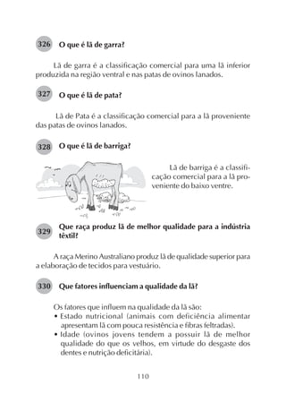 110
O que é lã de garra?
Lã de garra é a classificação comercial para uma lã inferior
produzida na região ventral e nas patas de ovinos lanados.
O que é lã de pata?
Lã de Pata é a classificação comercial para a lã proveniente
das patas de ovinos lanados.
O que é lã de barriga?
Lã de barriga é a classifi-
cação comercial para a lã pro-
veniente do baixo ventre.
Que raça produz lã de melhor qualidade para a indústria
têxtil?
A raça Merino Australiano produz lã de qualidade superior para
a elaboração de tecidos para vestuário.
Que fatores influenciam a qualidade da lã?
Os fatores que influem na qualidade da lã são:
• Estado nutricional (animais com deficiência alimentar
apresentam lã com pouca resistência e fibras feltradas).
• Idade (ovinos jovens tendem a possuir lã de melhor
qualidade do que os velhos, em virtude do desgaste dos
dentes e nutrição deficitária).
326
327
328
329
330
 
