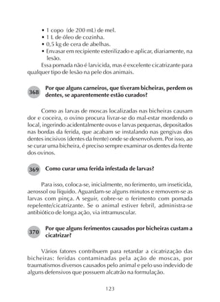 123
• 1 copo (de 200 mL) de mel.
• 1 L de óleo de cozinha.
• 0,5 kg de cera de abelhas.
• Envasar em recipiente esterilizado e aplicar, diariamente, na
lesão.
Essa pomada não é larvicida, mas é excelente cicatrizante para
qualquer tipo de lesão na pele dos animais.
Por que alguns carneiros, que tiveram bicheiras, perdem os
dentes, se aparentemente estão curados?
Como as larvas de moscas localizadas nas bicheiras causam
dor e coceira, o ovino procura livrar-se do mal-estar mordendo o
local, ingerindo acidentalmente ovos e larvas pequenas, depositados
nas bordas da ferida, que acabam se instalando nas gengivas dos
dentes incisivos (dentes da frente) onde se desenvolvem. Por isso, ao
se curar uma bicheira, é preciso sempre examinar os dentes da frente
dos ovinos.
Como curar uma ferida infestada de larvas?
Para isso, coloca-se, inicialmente, no ferimento, um inseticida,
aerossol ou líquido. Aguardam-se alguns minutos e removem-se as
larvas com pinça. A seguir, cobre-se o ferimento com pomada
repelente/cicatrizante. Se o animal estiver febril, administra-se
antibiótico de longa ação, via intramuscular.
Por que alguns ferimentos causados por bicheiras custam a
cicatrizar?
Vários fatores contribuem para retardar a cicatrização das
bicheiras: feridas contaminadas pela ação de moscas, por
traumatismos diversos causados pelo animal e pelo uso indevido de
alguns defensivos que possuem alcatrão na formulação.
368
369
370
 