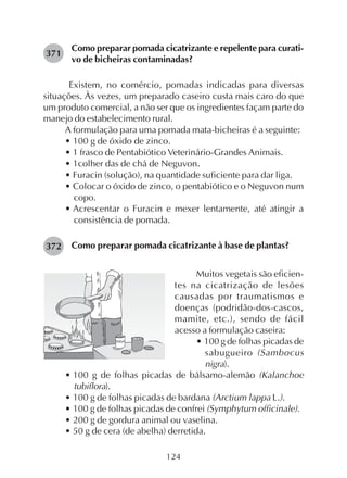 124
Como preparar pomada cicatrizante e repelente para curati-
vo de bicheiras contaminadas?
Existem, no comércio, pomadas indicadas para diversas
situações. Às vezes, um preparado caseiro custa mais caro do que
um produto comercial, a não ser que os ingredientes façam parte do
manejo do estabelecimento rural.
A formulação para uma pomada mata-bicheiras é a seguinte:
• 100 g de óxido de zinco.
• 1 frasco de Pentabiótico Veterinário-Grandes Animais.
• 1colher das de chá de Neguvon.
• Furacin (solução), na quantidade suficiente para dar liga.
• Colocar o óxido de zinco, o pentabiótico e o Neguvon num
copo.
• Acrescentar o Furacin e mexer lentamente, até atingir a
consistência de pomada.
Como preparar pomada cicatrizante à base de plantas?
371
372
Muitos vegetais são eficien-
tes na cicatrização de lesões
causadas por traumatismos e
doenças (podridão-dos-cascos,
mamite, etc.), sendo de fácil
acesso a formulação caseira:
• 100 g de folhas picadas de
sabugueiro (Sambocus
nigra).
• 100 g de folhas picadas de bálsamo-alemão (Kalanchoe
tubiflora).
• 100 g de folhas picadas de bardana (Arctium lappa L.).
• 100 g de folhas picadas de confrei (Symphytum officinale).
• 200 g de gordura animal ou vaselina.
• 50 g de cera (de abelha) derretida.
 