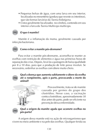 130
• Pequenas bolsas de água, com uma larva em seu interior,
localizadas no mesentério (gordura que reveste os intestinos),
que são formas larvárias da Taenia hidatigena.
• Cistos geralmente localizados no cérebro, contendo em seu
interior a larva da Taenia Multiceps multiceps.
O que é mamite?
Mamite é a inflamação da mama, geralmente causada por
infecção bacteriana.
Como evitar a mamite pós-desmame?
Para evitar a mamite pós-desmame, aconselha-se manter as
ovelhas com restrição de alimentos e água nas primeiras horas de
separação das crias. Depois, levá-las a pastagens de baixa qualidade
por 8 a 10 dias, para que a produção de leite possa involuir. Se
necessário, ordenhar as ovelhas com úbere muito cheio.
Qual a doença que aumenta subitamente o úbere da ovelha
até o rompimento, após o parto, provocando a morte do
animal?
Provavelmente, trata-se de mamite
causada por germes do grupo dos
clostrídios. Nesse caso, a vacinação
contra clostridiose, aproximadamente 30
dias antes do parto, pode ser eficiente na
prevenção dessa enfermidade.
Qual a origem da mamite aguda que acomete ovelhas no
pós-parto?
A origem dessa mamite está na ação de microrganismos que
vivem no meio ambiente e na pele das ovelhas. Qualquer ferida ou
392
393
394
395
 