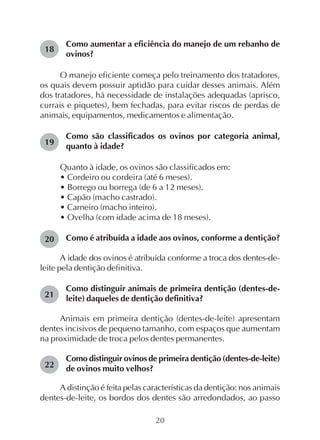 20
Como aumentar a eficiência do manejo de um rebanho de
ovinos?
O manejo eficiente começa pelo treinamento dos tratadores,
os quais devem possuir aptidão para cuidar desses animais. Além
dos tratadores, há necessidade de instalações adequadas (aprisco,
currais e piquetes), bem fechadas, para evitar riscos de perdas de
animais, equipamentos, medicamentos e alimentação.
Como são classificados os ovinos por categoria animal,
quanto à idade?
Quanto à idade, os ovinos são classificados em:
• Cordeiro ou cordeira (até 6 meses).
• Borrego ou borrega (de 6 a 12 meses).
• Capão (macho castrado).
• Carneiro (macho inteiro).
• Ovelha (com idade acima de 18 meses).
Como é atribuída a idade aos ovinos, conforme a dentição?
A idade dos ovinos é atribuída conforme a troca dos dentes-de-
leite pela dentição definitiva.
Como distinguir animais de primeira dentição (dentes-de-
leite) daqueles de dentição definitiva?
Animais em primeira dentição (dentes-de-leite) apresentam
dentes incisivos de pequeno tamanho, com espaços que aumentam
na proximidade de troca pelos dentes permanentes.
Como distinguir ovinos de primeira dentição (dentes-de-leite)
de ovinos muito velhos?
A distinção é feita pelas características da dentição: nos animais
dentes-de-leite, os bordos dos dentes são arredondados, ao passo
18
19
20
21
22
 