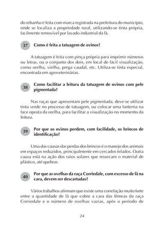24
do rebanho é feita com marca registrada na prefeitura do município,
onde se localiza a propriedade rural, utilizando-se tinta própria,
facilmente removível por lavado industrial da lã.
Como é feita a tatuagem de ovinos?
A tatuagem é feita com pinça própria para imprimir números
ou letras, ou o conjunto dos dois, em local de fácil visualização,
como orelha, virilha, prega caudal, etc. Utiliza-se tinta especial,
encontrada em agroveterinárias.
Como facilitar a leitura da tatuagem de ovinos com pele
pigmentada?
Nas raças que apresentam pele pigmentada, deve-se utilizar
tinta verde no processo de tatuagem, ou colocar uma lanterna na
face oposta da orelha, para facilitar a visualização no momento da
leitura.
Por que os ovinos perdem, com facilidade, os brincos de
identificação?
Uma das causas das perdas dos brincos é o manejo dos animais
em espaços reduzidos, principalmente em cercados telados. Outra
causa está na ação dos raios solares que ressecam o material de
plástico, até quebrar.
Por que as ovelhas da raça Corriedale, com excesso de lã na
cara, devem ser descartadas?
Vários trabalhos afirmam que existe uma correlação muito forte
entre a quantidade de lã que cobre a cara das fêmeas da raça
Corriedale e o número de ovelhas vazias, após o período de
37
38
39
40
 
