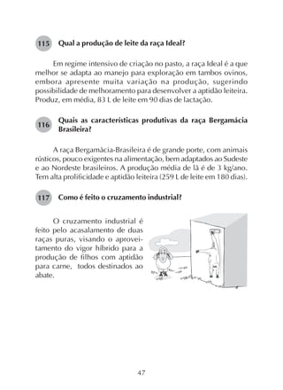 47
Qual a produção de leite da raça Ideal?
Em regime intensivo de criação no pasto, a raça Ideal é a que
melhor se adapta ao manejo para exploração em tambos ovinos,
embora apresente muita variação na produção, sugerindo
possibilidade de melhoramento para desenvolver a aptidão leiteira.
Produz, em média, 83 L de leite em 90 dias de lactação.
Quais as características produtivas da raça Bergamácia
Brasileira?
A raça Bergamácia-Brasileira é de grande porte, com animais
rústicos, pouco exigentes na alimentação, bem adaptados ao Sudeste
e ao Nordeste brasileiros. A produção média de lã é de 3 kg/ano.
Tem alta prolificidade e aptidão leiteira (259 L de leite em 180 dias).
Como é feito o cruzamento industrial?
115
116
117
O cruzamento industrial é
feito pelo acasalamento de duas
raças puras, visando o aprovei-
tamento do vigor híbrido para a
produção de filhos com aptidão
para carne, todos destinados ao
abate.
 