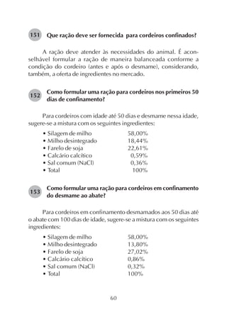60
Que ração deve ser fornecida para cordeiros confinados?
A ração deve atender às necessidades do animal. É acon-
selhável formular a ração de maneira balanceada conforme a
condição do cordeiro (antes e após o desmame), considerando,
também, a oferta de ingredientes no mercado.
Como formular uma ração para cordeiros nos primeiros 50
dias de confinamento?
Para cordeiros com idade até 50 dias e desmame nessa idade,
sugere-se a mistura com os seguintes ingredientes:
• Silagem de milho 58,00%
• Milho desintegrado 18,44%
• Farelo de soja 22,61%
• Calcário calcítico 0,59%
• Sal comum (NaCl) 0,36%
• Total 100%
Como formular uma ração para cordeiros em confinamento
do desmame ao abate?
Para cordeiros em confinamento desmamados aos 50 dias até
o abate com 100 dias de idade, sugere-se a mistura com os seguintes
ingredientes:
• Silagem de milho 58,00%
• Milho desintegrado 13,80%
• Farelo de soja 27,02%
• Calcário calcítico 0,86%
• Sal comum (NaCl) 0,32%
• Total 100%
151
152
153
 