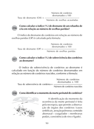 90
Número de cordeiros
desmamados x 100
Taxa de desmame (OA) = ———————————––———
Número de ovelhas acasaladas
Como calcular o índice (%) de desmame de um rebanho de
cria em relação ao número de ovelhas paridas?
O índice de desmame de cordeiros em relação ao número de
ovelhas paridas (OP) é calculado pela fórmula:
Número de cordeiros
desmamados x 100
Taxa de desmame (OP) = ——————————————
Número de ovelhas paridas
Como calcular o índice (%) de sobrevivência dos cordeiros
ao desmame?
O índice de sobrevivência de cordeiros ao desmame é
calculado em função do número de cordeiros desmamados em
relação ao número de cordeiros nascidos, conforme a fórmula:
Número de cordeiros
desmamados x 100
Taxa de sobrevivência de cordeiros = ——––————————–—
Número de cordeiros nascidos
Como identificar o momento da morte perinatal de cordeiros?
256
257
258
A identificação do momento da
ocorrência da morte perinatal é feita
pela necropsia, que permite a observa-
ção de órgãos dos cordeiros (vasos
umbilicais,aeraçãopulmonar,conteúdo
abomasal – coagulador – membranas
podais, consistência de rins e fígado).
 