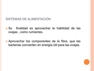 SISTEMAS DE ALIMENTACIÓN

   Su finalidad es aprovechar la habilidad de las
    ovejas , como rumiantes.

   Aprovechar los componentes de la fibra, que las
    bacterias convierten en energía útil para las ovejas.
 