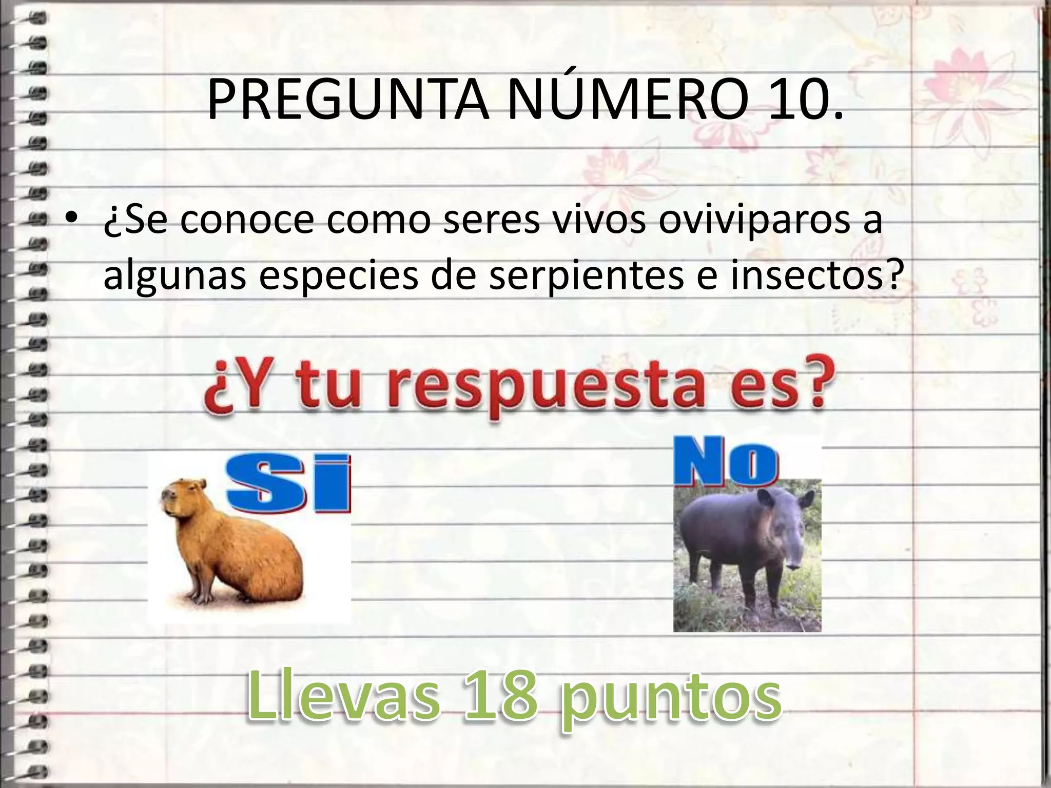 PREGUNTA NÚMERO 10.
• ¿Se conoce como seres vivos oviviparos a
  algunas especies de serpientes e insectos?
 