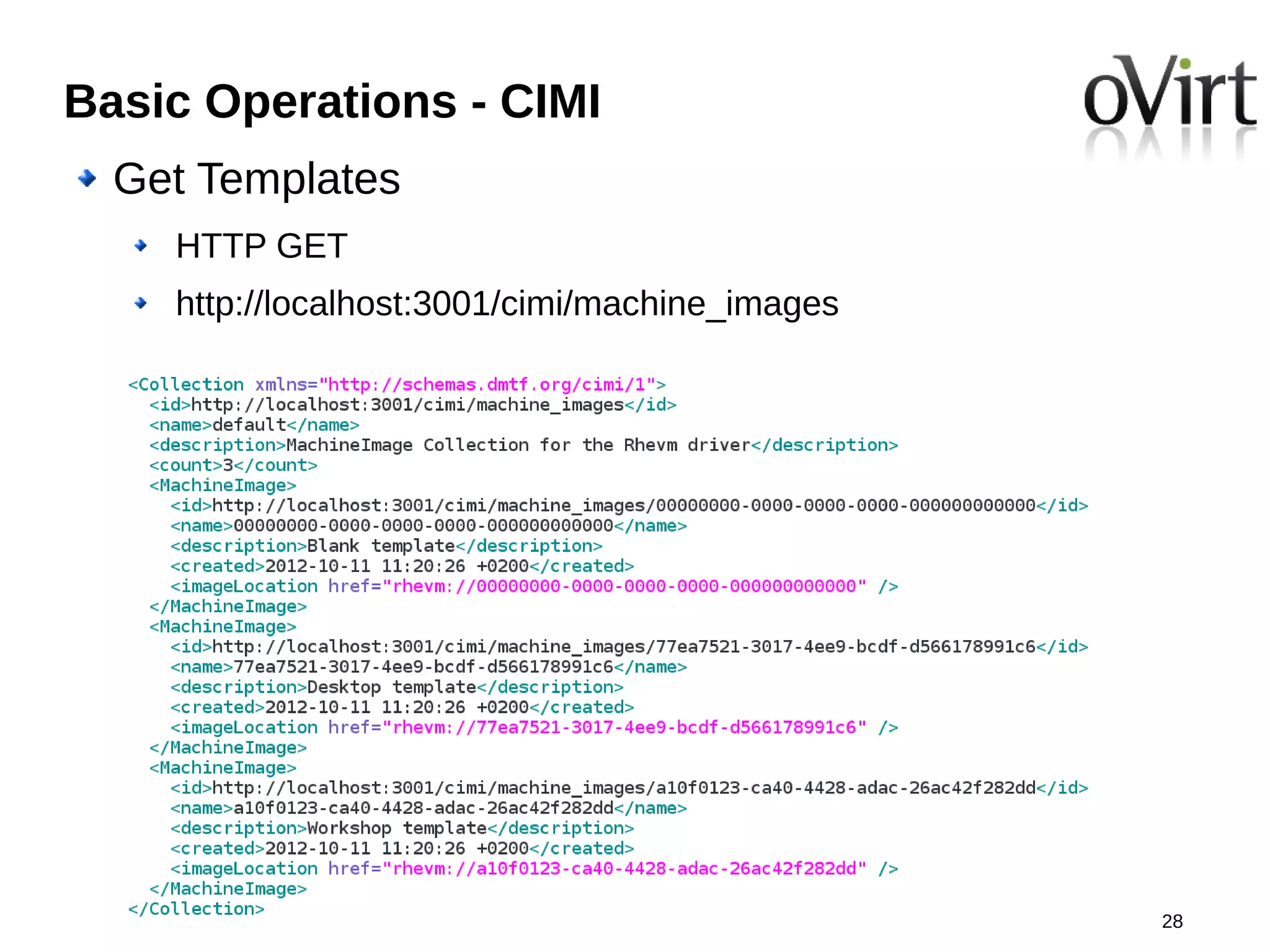 Basic Operations - CIMI
  Get Templates
    HTTP GET
    http://localhost:3001/cimi/machine_images




                                                28
 